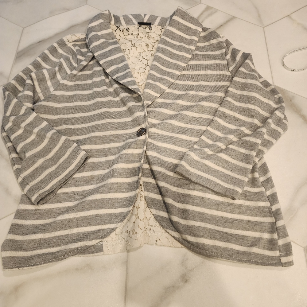 Womens Vanity size Medium,  gray white stripe blazer jacket with lace back.